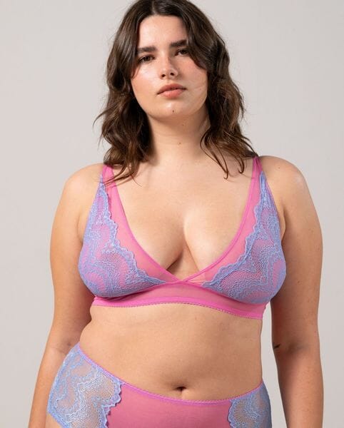 Understatement Underwear - Lace Mesh Plunge Bralette - Light Blue   Candy Pink Hot on Sale